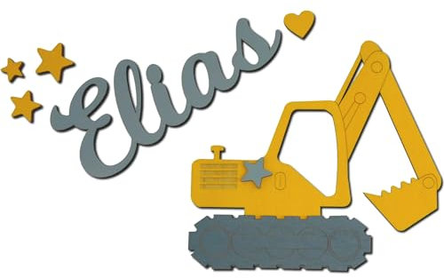Türschild I personalisierter XXL Bagger für das Kinderzimmer I die Kinderzimmertür I persönliches Geburtsgeschenk oder Taufgeschenk I inkl. Klebepads, Sterne und Herzen (XXL Bagger)