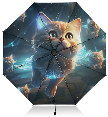 LINNIKEEEE Sternblaue Katzen Regenschirm Automatik Auf-Zu UV-Schutz Taschenschirm Klein Leicht Schirme für Jungen Mädchen Reise