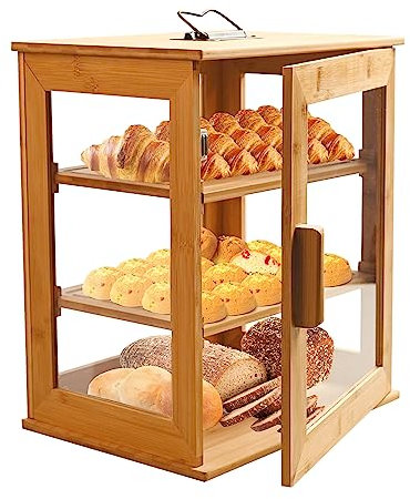 3-Layer Bamboo Bread Bin Breadbox,Clear Window Bread Holder Storage Bins Organizer,Bread Box with Removable Shelves for Kitchen Countertop/Collection Display Cabinet