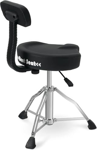 XDrum BeatSeat Drumhocker mit Lehne - Sitzfläche in Sattelform und Lendenstütze - Bezug aus schwarzem Kunstleder - Höhenverstellung von 45-60 cm - Rutschfeste Gummifüße - Doppelstrebige Beine