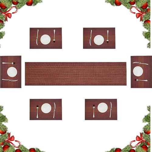 6er Platzdeckchen + Tischläufer ,Eageroo rutschfest Tischmatten aus PVC Abgrifffeste Hitzebeständig Abwaschbar Tischsets (Dunklerot, 6er Platzsets + Tischläufer)