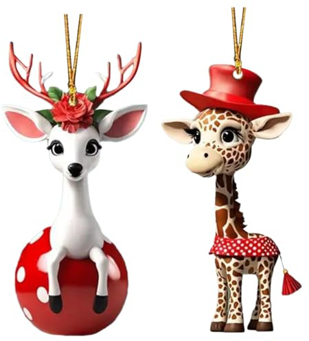 Weihnachten Giraffen Anhänger,2D Holz Wildtiere Weihnachtsdeko Tier Figuren,Niedlicher Weihnachts Baumschmuck,Weihnachtskugeln Ornament Funny Geschenk,Baum Familie Freund Dekorationen (2 Stück)