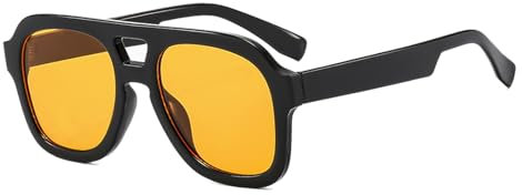 Long Keeper Retro Pilot Sunglasses for Men Women Double Bridge Aviation Square Sunglasses 70s Fashion Classic Sun Glasses Vintage Shades UV400 Protection (Black Frame/Orange Lens)
