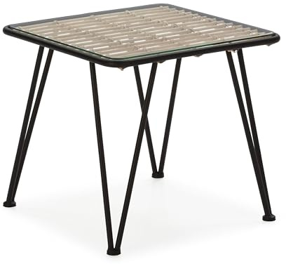 MESA AUXILIAR 51X51X46 CRISTAL/METAL NEGRO/RATAN NATURAL