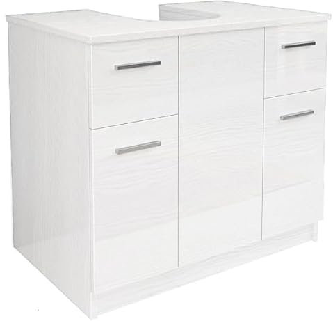 Mama Store Base Copricolonna Sottolavabo con 2 Ante e 2 Cassetti, Bianco Artico, L. 70cm x P. 46cm x H.62cm