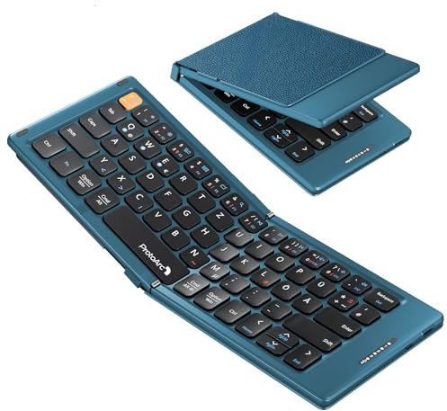 ProtoArc Faltbare Kompakte Tastatur QWERTZ, XK04 Mini Tragbare Reise Bluetooth-Tastatur mit PU-Lederhülle für iPad, iPhone, Smartphone, Tablet und Laptop - Blau