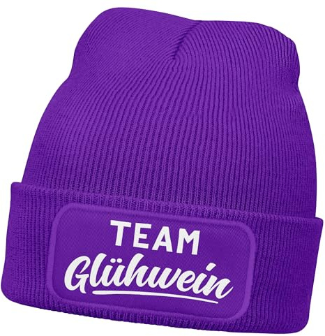 MoonWorks® Damen Beanie mit Patch Strickmütze mit Spruch Team Glühwein Damenmütze Weihnachtsmarkt Outfit