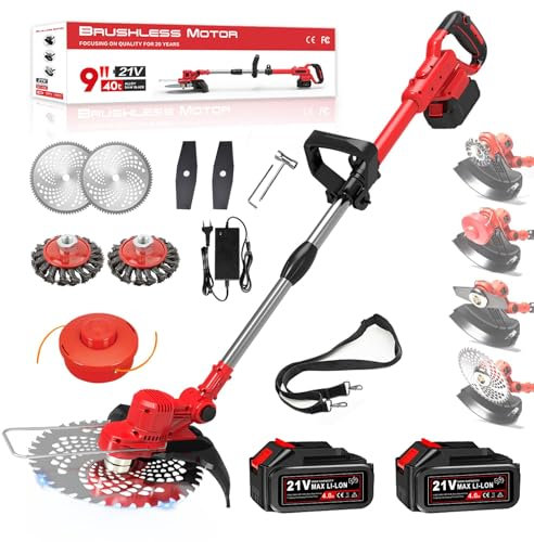 21V Strimmer Cordless Strimmer with Weed Brush, 4 in 1 strimmer cordless with 2 x 4.0Ah Batteries, Grass Trimmer 8 in cutting for Garden, Weeds, Lawn