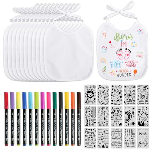 BOOMTOP 12 Baby Lätzchen zum Bemalen Babylätzchen Baumwolle mit 15x Malen Schablonen 12x Textilstifte Babyparty Deko Spiele Wasserdicht Lätzchen für Babys Junge Mädchen Babyshower Tiere Malvorlagen