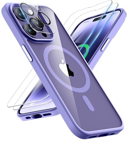 ORETECH Magnetisch Hülle für iPhone 14 Pro mit 2 Schutzfolie+1 Kameraschutz, Kompatibel mit Mag-Safe, Stoßfest Kratzfest Transparent Rückseite Handyhülle für iPhone 14 Pro Hülle 6,1 Helles Violett