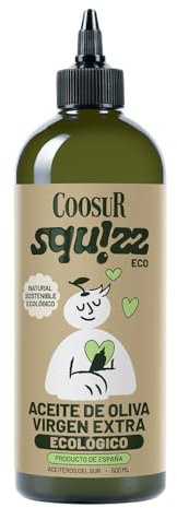 COOSUR Squizz Bio - Aceite de Oliva Virgen Extra Ecologico - Aceite de Oliva Ecologico de Producción Sostenible en España, PET Reciclado 50% en Formato Botella Antigoteo 500 ml