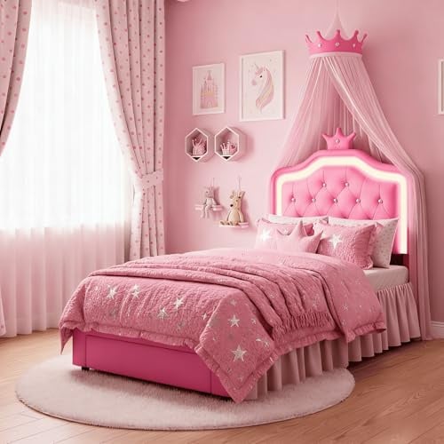 EZSSW Letto singolo imbottito 90 x 200 cm con contenitore, testiera a corona regolabile in altezza con LED, struttura in metallo e rete a doghe elastiche, PU rosa (senza materasso)