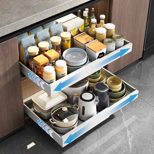 Furnestorica Pack of 2 Extendable Kitchen Drawers, Expandable Telescopic Drawer Organiser, with Track System, Kitchen Cabinet, Extendable for Kitchen, Pantry Organisation, Adjustable Width 32-53 cm