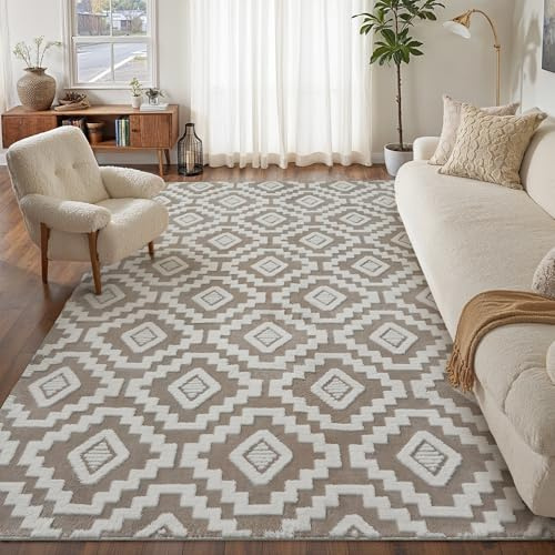 PureCozy Braun Weiß Teppich Wohnzimmer 240x300cm Boho Schlafzimmer Waschbarer Groß Teppiche 3D Effekt Gegend Kurzflor Flauschig Rutschmatte Esszimmer Kinderzimmer Bettvorleger Carpet