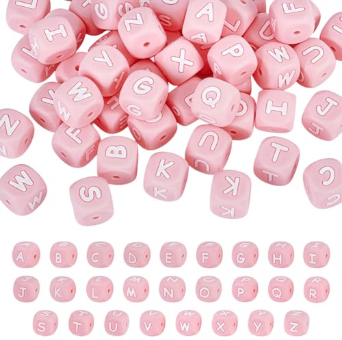 CRAFTYMELODY 78 pezzi in silicone lettere perline 26 stili cubi messa a fuoco perline 12 mm alfabeto A alla Z perla allentata quantità per gioielli produzione fai da te accessori fai da te rosa