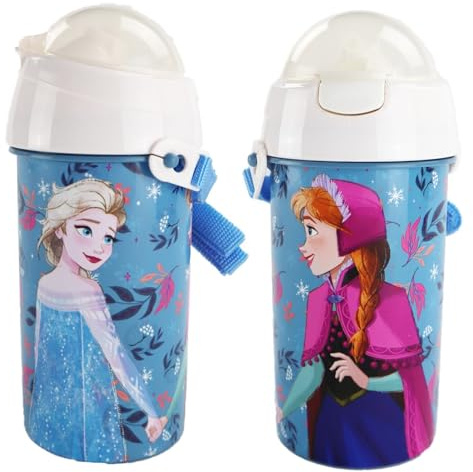 WS-Trend Disney Die Eiskönigin Anna & Elsa Kinder Trinkflasche 500 ml mit Trinkhalm und Gurt, Wasserflasche für Kindergarten, Schule und unterwegs