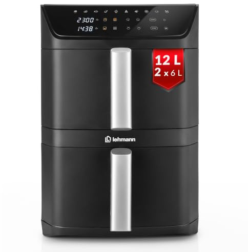 LEHMANN Friggitrice ad Aria Doppio Cestello 12 L, 2800 W, 10 Programmi & Regolazione Manuale 40-230°C, Schermo Touch, Rivestimento Antiaderente, Air Fryer XXL ideale per le Famiglie Numerose
