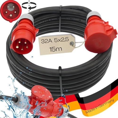 netbote24 Starkstromkabel 32A 15m mit Phasenwender H07RN-F 5x2,5 Starkstrom Verlängerungskabel CEE Verlängerung 32 Ampere Kabel 5x2,5mm2 Baustelle Werkstatt Industrie Geeignet Outdoor IP44