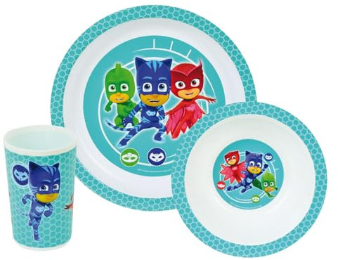 FUN HOUSE 005559 PJ Masks Set mit 1 Teller, 1 Schüssel und 1 Glas für Kinder, Polypropylen, Weiß, 26,5 x 8,5 x 24,5 cm