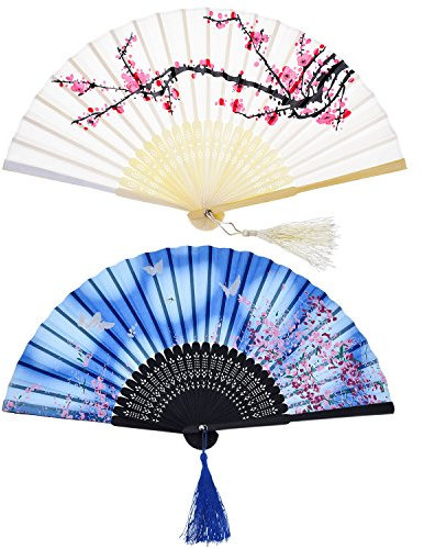 2 Pieces Folding Fans Handheld Fans Bamboo Fans with Tassel Women's Hollowed Bamboo Hand Holding Fans for Wall Decoration, Gifts (White Cherry and Blue Butterfly Pattern)