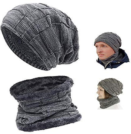 KlassMi Wintermütze grau mit Schal warme Beanie Strickmütze Winter Loop-Schal mit Fleecefutter unisex Mütze für Damen Herren