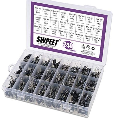 Swpeet 240Pcs 24 Kinds Different Electrolytic Capacitors Range 0.1uF-1000uF Assortment Kit, 10V/16V/25V/50V Aluminum Radial Electrolytic Capacitors for TV, LCD Monitor, Radio, Stereo, Game