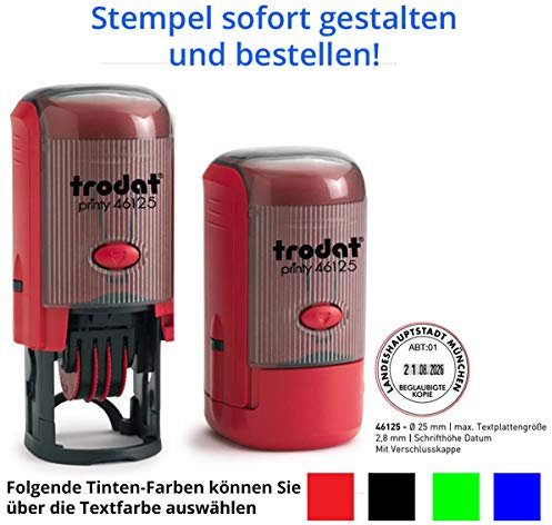 Stempel Trodat Printy 46125 Datumstempel rund mit Text (25 mm), für 4 Zeilen und Datum ACHTUNG Deutsche Wochentage, in verschiedenen Farben, gleich Online gestalten!!! (rot)