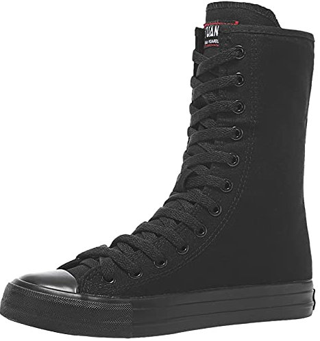 rismart Damen Segeltuch Stiefel Wadenlänge Modisch Schnüren Mädchen Punk Stil Sneaker Reißver Weiß/Schwarz Leinenschuhe (Schwarz,42 EU)
