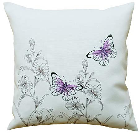 heimtexland ® Kissen Schmetterling Lila Weiß Deko Bestickt Butterfly Serie Kissenhülle 40x40 Typ680