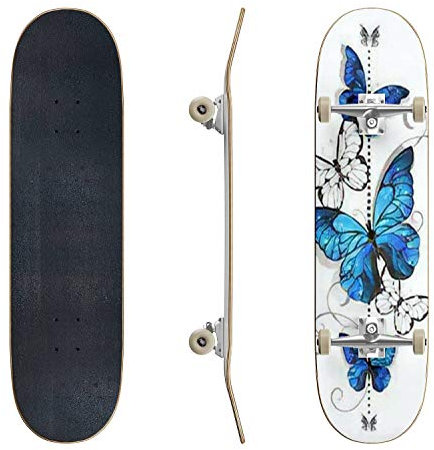 EFTOWEL Skateboard-Komposition aus blauen Schmetterlingen, Morpho und weißen Schmetterlingen auf weißem klassischem konkavem Skateboard, Longboard, Extremsportarten für Anfänger und