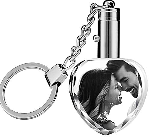 Personalised Crystal Photo Keychain with Picture,Custom Engraved Crystal Keyring with LED Light for Valentines Day Wedding Anniversary Birthday Christmas,Heart