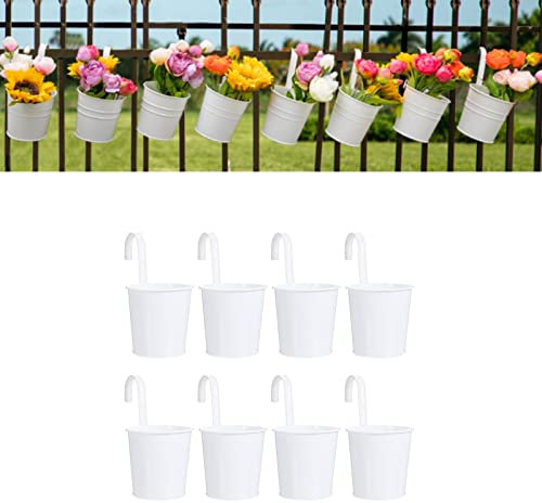 10cm Hanging Plant Pots with Drainage Hole Set of 8, Large Metal Hanging Planters with Detachable Hook Garden Flower Vase Bucket Indoor/Outdoor for Balcony Railing Fence Home Decor, White planter