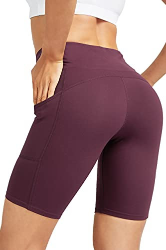 COOLOMG Damen Kurze Laufhose Yoga Shorts mit Taschen Radlerhose Sporthose Gym Fitness Workout Weinrot S