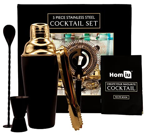 Homiu Cocktail Shaker Set Black and Gold 5-Piece, Stainless Steel Contains Shaker, Double Jigger, Ice Tongs, Strainer, Bar Spoon, and Cocktail Recipe Book in Gift Box, Bartender Accessories