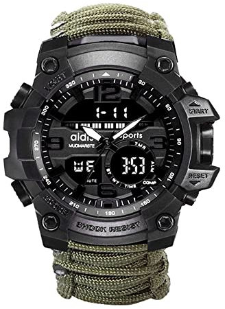 XHJL Orologio Da Polso Digitale,Orologi Tattico Militare Sportivi Di Emergenza Unisex Con Paracord/Fischietto/Accendifuoco/Raschietto/Bussola E Termometro,Attrezzatura Da Esterno 6 in 1 (Green)