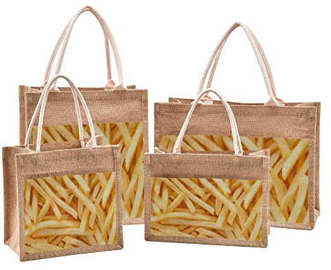 Mnsruu Pommes Frites Lebensmittel Jute Tote Taschen Frauen Lebensmittel Einkaufstaschen mit Griffen für Outdoor Reisen 32 x 42,9 x 18 cm