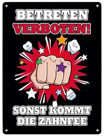 Betreten verboten sonst kommt die Zahnfee Metallschild XXL in 28x38 cm mit Faust fürs Zimmer von Teenagern oder Männern, die ihre Ruhe möchten mit lustigem Zahnfee Witz und Faust