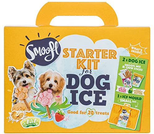 Smoofl Starter Kit Hundeeis, Premium Hundesnacks: EIS Fuer kleine Hunde mit essbarem Stiel und Eisformen zum Selbermachen im Set, Hundeleckerli mit erfrischender Wirkung, Erdbeer und Erdnussbutter