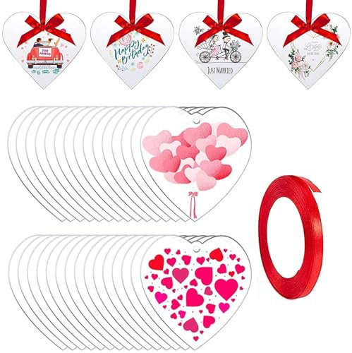 TSKDKIT 30 Pcs Clear Acrylic Heart Christmas Baubles Ornaments Clear Acrylic Baubles Blanks Flat Bauble for Craft, Blank Heart Ornaments with Ribbon for Christmas Tree Party Hanging Decoration