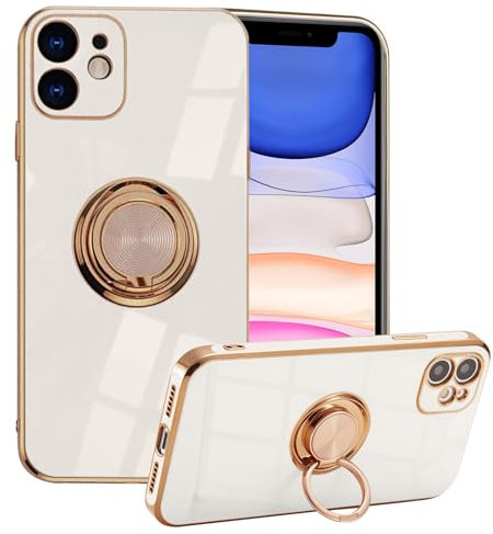 EYZUTAK Electroplated Magnetic Ring Holder Case, 360 Degree with Rotation Metal Finger Ring Holder Magnet Car Holder Soft Silicone Shockproof Cover for iPhone 11 6.1 inch - White