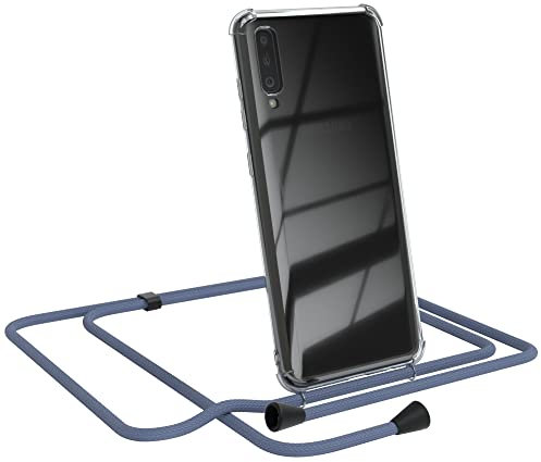 EAZY CASE Handykette kompatibel mit Samsung Galaxy A70 Handyhülle mit Umhängeband, Handykordel mit Schutzhülle, Silikonhülle, Hülle, Stylische Kette, EIS Blau - Clips Schwarz