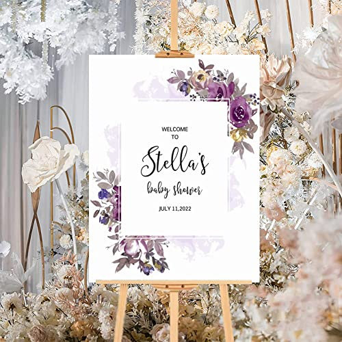 Panneau de bienvenue élégant en bois avec motif floral violet personnalisable pour mariage, cérémonie de mariage, fiançailles, mariage, fête prénuptiale, cadeau de mariage, 30,5 x 40,6 cm
