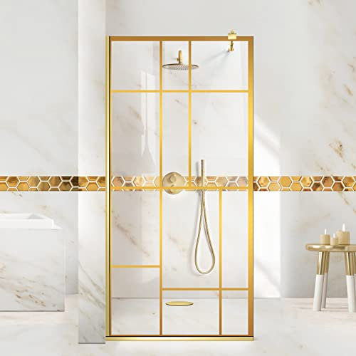Aqua Roy Gold, Modell Urban Golden, Größe 90 cm ab 70/80/90/100/110/120, Walk in Duschwand 8 mm Klarglas mit NANO-beschichtetem sandgestrahltem Muster (90x195 cm)
