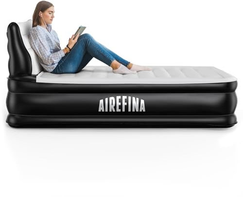 Airefina Double Airbed with Headboard, Inflatable Air Mattress with Built-in Pump, Comfortable Flocked Surface Blow Up Bed for Home, Camping &Guests, Fast &Easy Inflation/Deflation Airbed, 317kgs Max