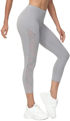 romansong Damen Mesh Leggings Yoga Hose mit Tasche, Nicht durchsichtig, Capri hohe Taille Bauchkontrolle 4-Wege-Stretch