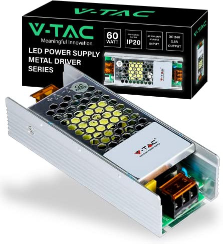 V-TAC Alimentatore per Strisce LED Professionale 60W 24V 2,5A con 1 Uscita - Trasformatore in Metallo per Apparecchiature Elettroniche, Telecamere, Schermi - Ultra Sottile - Input AC 100-240V