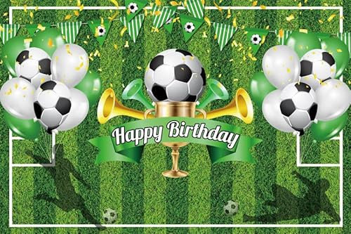 Renaiss 4.5x3m Fußball Happy Birthday Kulisse Goldene Trophäe Horn Ballon Banner Fußballfeld Fotografie Hintergrund Kinder Sport Thema Party Dekoration Fotoshooting Requisiten Vinyl
