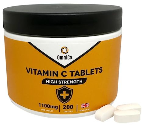 OmniCo Vitamin C Tablets – 1100mg – 200 Vegan Tablets - Vitamin C for Immunity Support, VIT C Supplement for Immune System, Hair, Skin & Nails Vitamins for Women & Men, High Strength Vitamin C