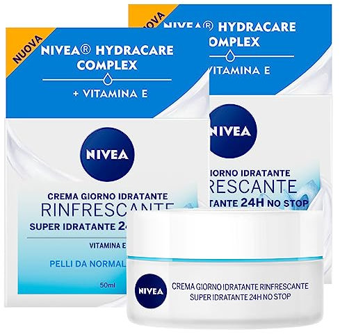 Nivea Erfrischende Tagescreme Super feuchtigkeitsspendend 24H No Stop vegane Formel mit HydraCare Complex und schnell einziehendem Vitamin E für normale bis Mischhaut - 2 Dosen à 50 ml