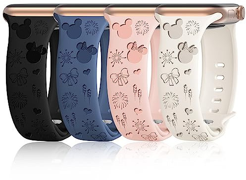 iWabcertoo 4 Pack Cartoon Engraved Bands Compatible with Apple Watch Band 40mm 41mm 38mm 42mm 44mm 45mm 49mm Women,Soft Silicone Cute Designer Strap for iWatch Bands Series SE 9 8 7 6 5 4 3 2 1 Ultra